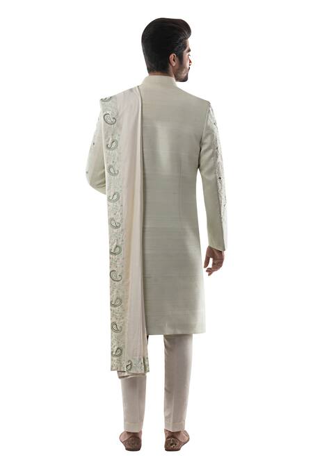 Shop Smriti By Anju Agarwal Green Cotton, Raw Silk Embroidered Sherwani Set at Aza Fashions Shop_Smriti By Anju Agarwal_Green Cotton, Raw Silk Embroidered Sherwani Set _at_Aza_Fashions