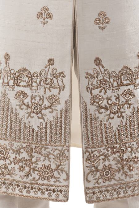 Shop Smriti By Anju Agarwal White Cotton, Raw Silk Embroidered Sherwani Set Online at Aza Fashions Shop_Smriti By Anju Agarwal_White Cotton, Raw Silk Embroidered Sherwani Set _Online_at_Aza_Fashions