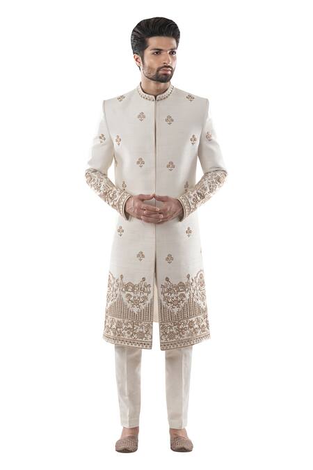 Buy Smriti By Anju Agarwal White Cotton, Raw Silk Embroidered Sherwani Set Online at Aza Fashions Buy_Smriti By Anju Agarwal_White Cotton, Raw Silk Embroidered Sherwani Set _Online_at_Aza_Fashions