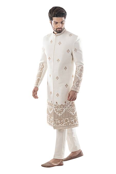 Smriti By Anju Agarwal White Cotton, Raw Silk Embroidered Sherwani Set Online at Aza Fashions Smriti By Anju Agarwal_White Cotton, Raw Silk Embroidered Sherwani Set _Online_at_Aza_Fashions