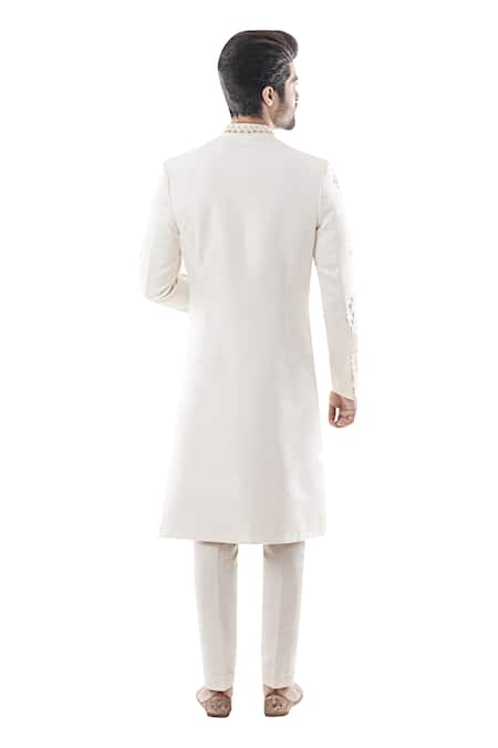 Shop Smriti By Anju Agarwal White Cotton, Raw Silk Embroidered Sherwani Set at Aza Fashions Shop_Smriti By Anju Agarwal_White Cotton, Raw Silk Embroidered Sherwani Set _at_Aza_Fashions