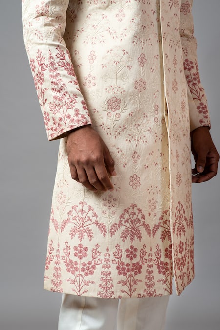 Shop PAARSH Peach Linen Satin, Malai Cotton Embroidered Sherwani Set Online at Aza Fashions Shop_PAARSH_Peach Linen Satin, Malai Cotton Embroidered Sherwani Set_Online_at_Aza_Fashions