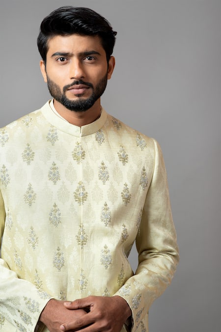 PAARSH Green Malai Cotton, Self Textured Embroidered Sherwani Set Online at Aza Fashions PAARSH_Green Malai Cotton, Self Textured Embroidered Sherwani Set _Online_at_Aza_Fashions