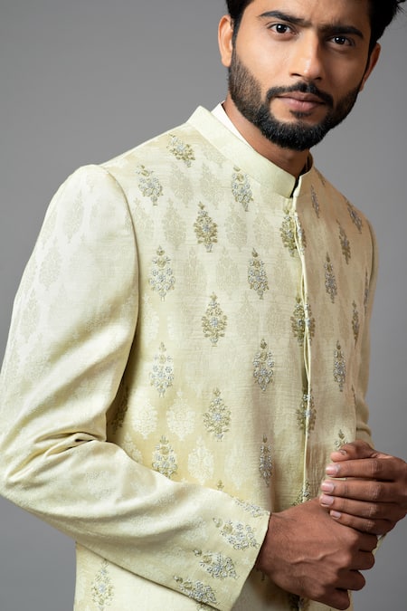 Buy PAARSH Green Malai Cotton, Self Textured Embroidered Sherwani Set Online at Aza Fashions Buy_PAARSH_Green Malai Cotton, Self Textured Embroidered Sherwani Set _Online_at_Aza_Fashions