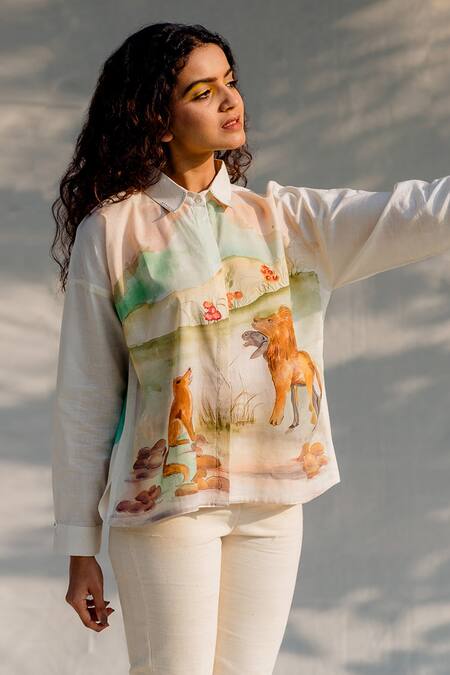 Buy_Purvi Doshi_White Handwoven And Handspun Cotton Animal Print Collared Neck Hand Painted Shirt_Online_at_Aza_Fashions