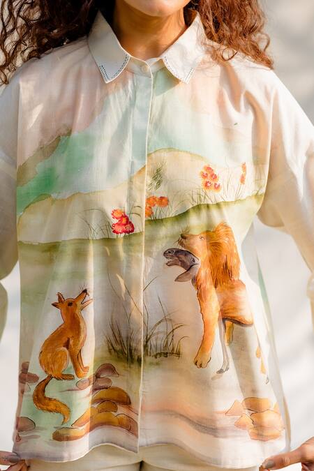 Shop_Purvi Doshi_White Handwoven And Handspun Cotton Animal Print Collared Neck Hand Painted Shirt_Online_at_Aza_Fashions