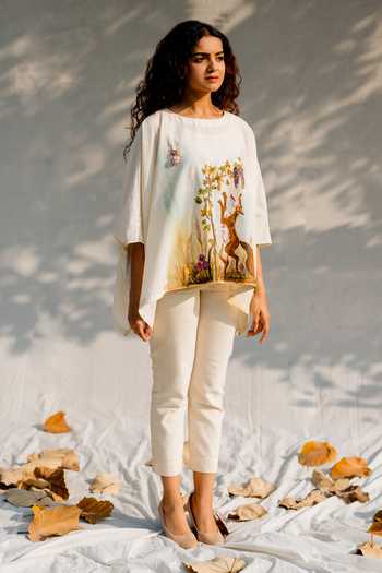 Purvi Doshi_White Handwoven And Handspun Cotton Animal Print Round Hand Painted Cape Style Top_Online_at_Aza_Fashions