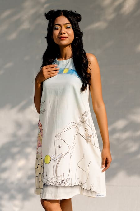 Shop_Purvi Doshi_White Handwoven And Handspun Cotton Animal Print Round Hand Painted Dress _Online_at_Aza_Fashions
