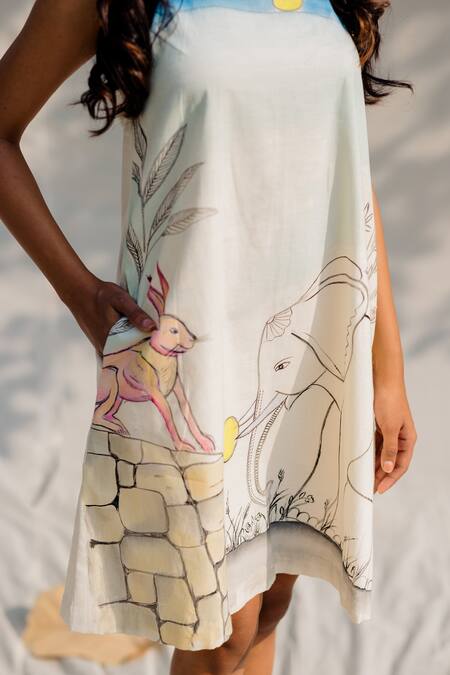 Purvi Doshi_White Handwoven And Handspun Cotton Animal Print Round Hand Painted Dress _at_Aza_Fashions