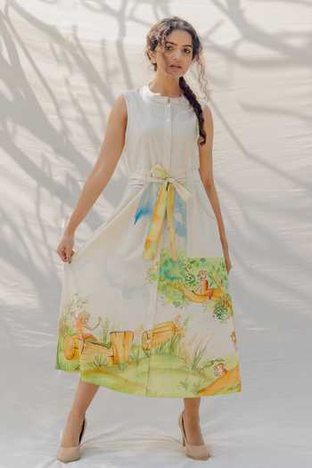 Purvi Doshi_White Handwoven And Handspun Cotton Animal Print Band Painted Midi Dress_Online_at_Aza_Fashions