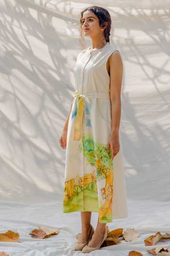 Buy_Purvi Doshi_White Handwoven And Handspun Cotton Animal Print Band Painted Midi Dress_Online_at_Aza_Fashions