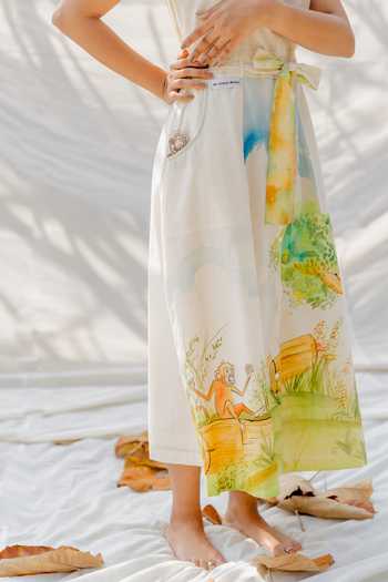 Purvi Doshi_White Handwoven And Handspun Cotton Animal Print Band Painted Midi Dress_at_Aza_Fashions