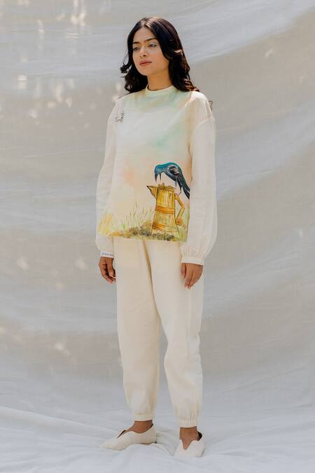 Purvi Doshi_White Handwoven And Handspun Cotton Animal Print High Hand Painted Top_Online_at_Aza_Fashions