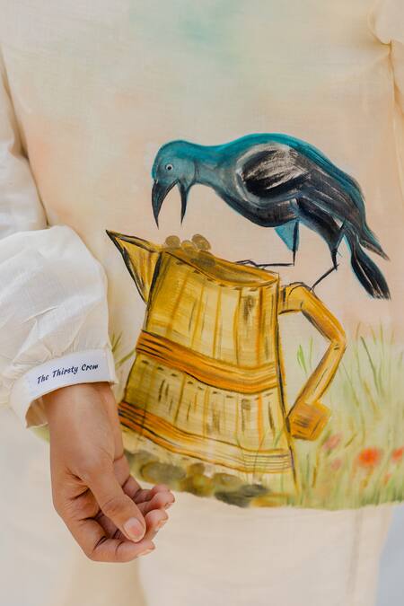 Shop_Purvi Doshi_White Handwoven And Handspun Cotton Animal Print High Hand Painted Top_Online_at_Aza_Fashions