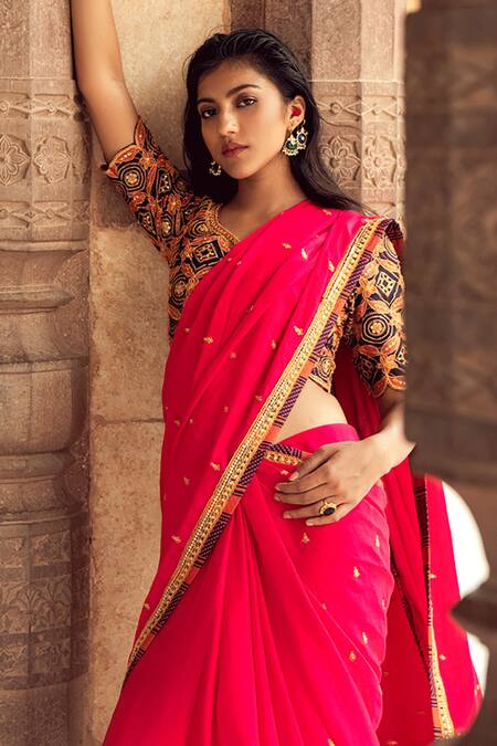 Buy_Swati Vijaivargie_Pink Viscose Modal Embroidered Saree With Blouse _Online_at_Aza_Fashions