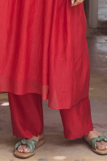 Shop Raiman Red Chanderi Embroidered Floral Round Gathered Kurta And Pant Set Online at Aza Fashions Shop_Raiman_Red Chanderi Embroidered Floral Round Gathered Kurta And Pant Set _Online_at_Aza_Fashions
