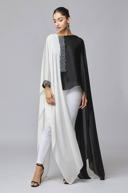 Buy_Amit Aggarwal_Black Chiffon Round Neck Colorblock Draped Top_Online_at_Aza_Fashions