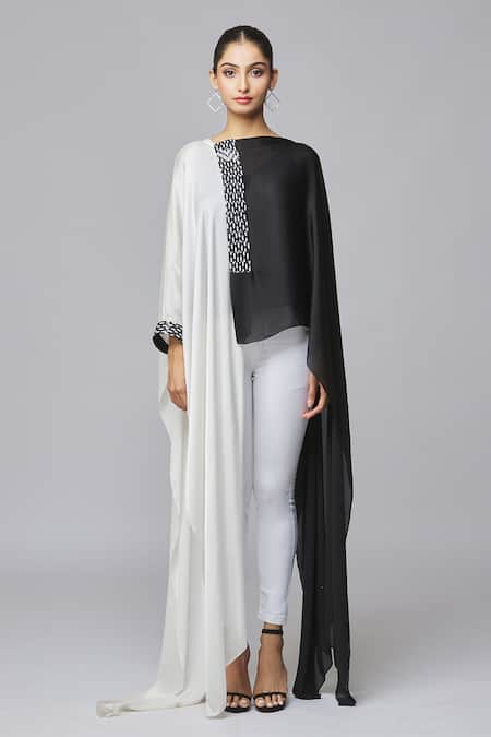 Amit Aggarwal_Black Chiffon Round Neck Colorblock Draped Top_at_Aza_Fashions