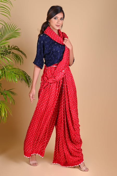Dyelogue_Red Gajji Silk Bandhani Pre-draped Pant Saree _Online_at_Aza_Fashions