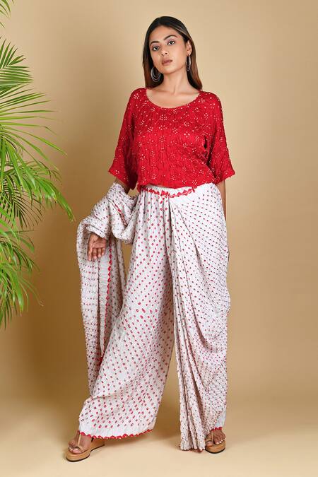 Dyelogue_White Gajji Silk Bandhani Pre-draped Pant Saree _Online_at_Aza_Fashions