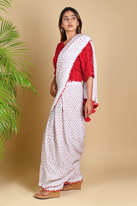 Buy_Dyelogue_White Gajji Silk Bandhani Pre-draped Pant Saree _Online_at_Aza_Fashions