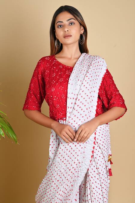 Shop_Dyelogue_White Gajji Silk Bandhani Pre-draped Pant Saree _Online_at_Aza_Fashions