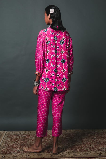 Shop_Sonam Luthria_Pink Crepe Patola Print, Tassel Detailing Shirt Collar And Pant Set _at_Aza_Fashions