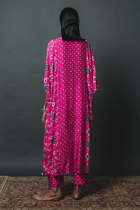 Shop Sonam Luthria Pink Crepe Patola Print, Beads Work Round Pattern Kaftan Kurta And Pant Set at Aza Fashions Shop_Sonam Luthria_Pink Crepe Patola Print, Beads Work Round Pattern Kaftan Kurta And Pant Set_at_Aza_Fashions