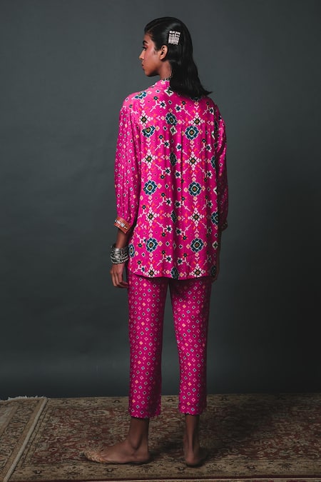 Sonam Luthria_Pink Crepe Patola Print, Tassel Detailing Shirt Collar And Pant Set _Online_at_Aza_Fashions