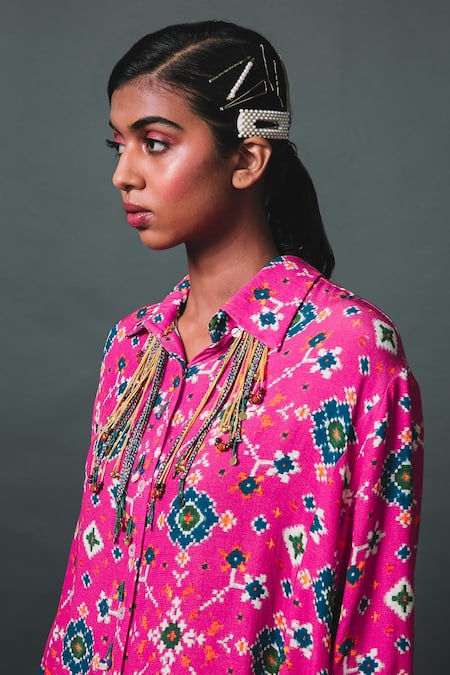 Sonam Luthria_Pink Crepe Patola Print, Tassel Detailing Shirt Collar And Shorts Set_Online_at_Aza_Fashions