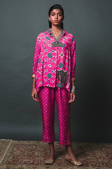 Buy_Sonam Luthria_Pink Crepe Patola Print, Tassel Detailing Shirt Collar And Pant Set _Online_at_Aza_Fashions