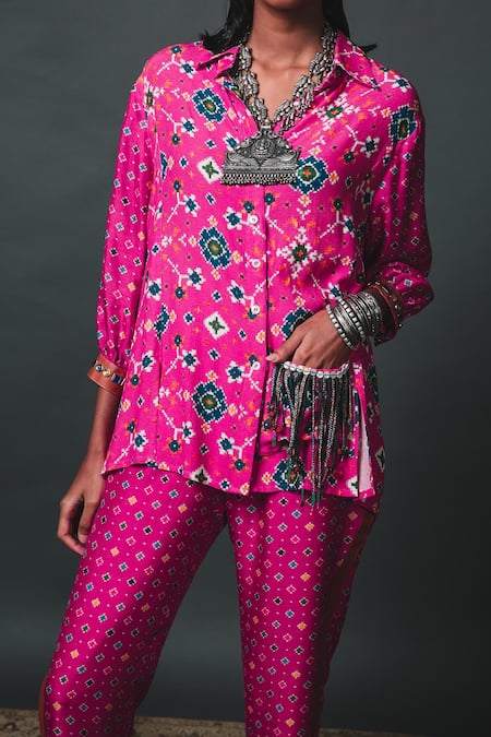 Shop_Sonam Luthria_Pink Crepe Patola Print, Tassel Detailing Shirt Collar And Pant Set _Online_at_Aza_Fashions