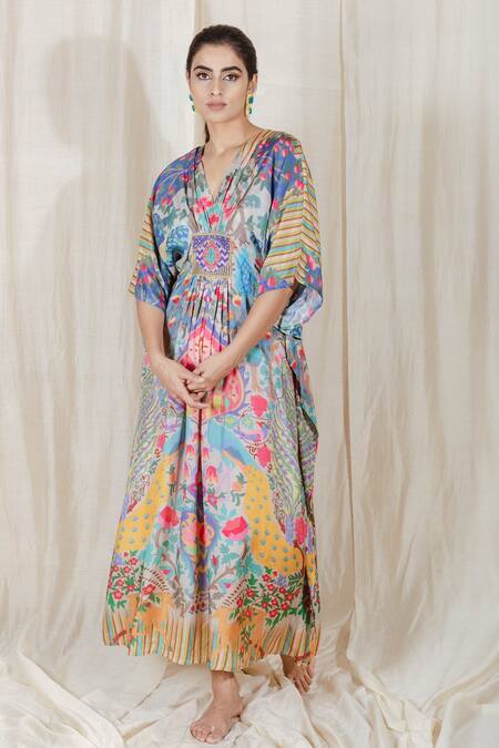 The Boozy Button_Multi Color Moroccan Silk Digital Print V Neck Paparazzi Kaftan_Online_at_Aza_Fashions