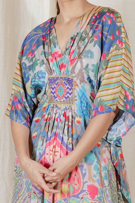 Shop_The Boozy Button_Multi Color Moroccan Silk Digital Print V Neck Paparazzi Kaftan_Online_at_Aza_Fashions