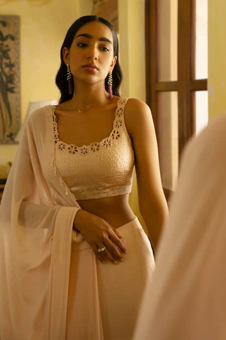 Parshya_Beige Viscose Crepe Lining Shantoon U Neck Pre-draped Skirt Saree With Blouse _Online_at_Aza_Fashions