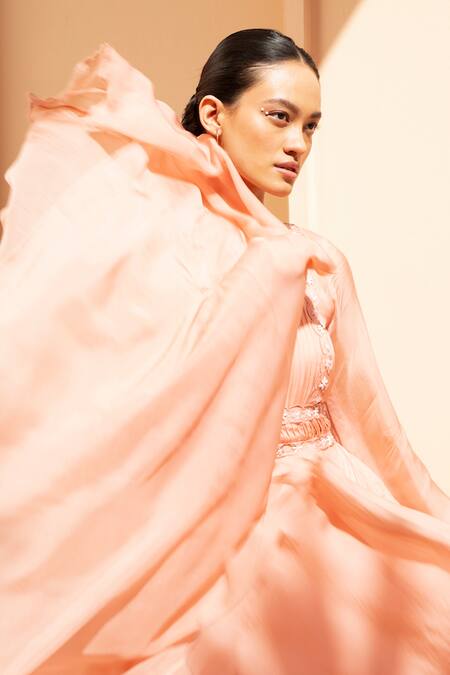 Buy_Parshya_Peach Viscose Flat Chiffon Lining Shantoon Floral Victorian Embellished Gown _Online_at_Aza_Fashions