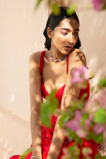 Shop_Parshya_Red Pure Silk Organza Lining Shantoon, Viscose Lehenga Set With Bomber Jacket _Online_at_Aza_Fashions