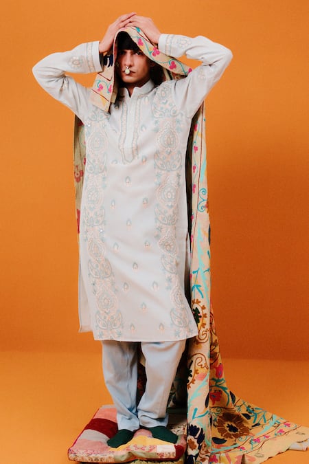 Shop_Wabi Sabi By Anshum-Ritesh_Sky Blue Chanderi Embroidery Parallel Paisley Kurta Set _Online_at_Aza_Fashions