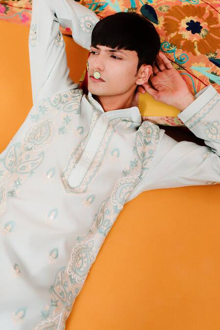 Buy_Wabi Sabi By Anshum-Ritesh_Sky Blue Chanderi Embroidery Parallel Paisley Kurta Set _Online_at_Aza_Fashions