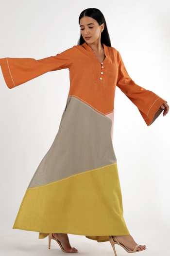 MADDER MUCH_Multi Color Cotton Plain V Neck Paree Colorblock Kaftan Tunic _Online_at_Aza_Fashions