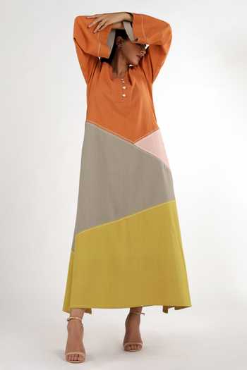 Buy_MADDER MUCH_Multi Color Cotton Plain V Neck Paree Colorblock Kaftan Tunic _Online_at_Aza_Fashions