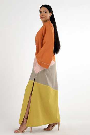 Shop_MADDER MUCH_Multi Color Cotton Plain V Neck Paree Colorblock Kaftan Tunic _Online_at_Aza_Fashions