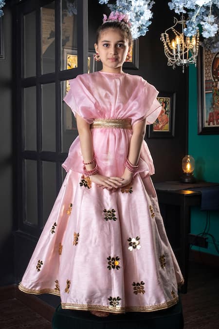 Buy_Hoity Moppet_Pink Silk, Organza, Satin Applique, Embroidery Pariza Anarkali And Top Set _Online_at_Aza_Fashions