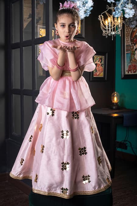 Shop_Hoity Moppet_Pink Silk, Organza, Satin Applique, Embroidery Pariza Anarkali And Top Set _Online_at_Aza_Fashions