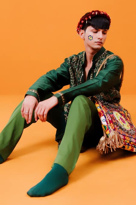 Buy_Wabi Sabi By Anshum-Ritesh_Green Chanderi Sequins Parrot Paradise Embroidered Kurta Set _Online_at_Aza_Fashions