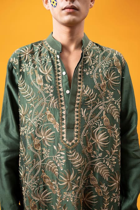 Shop_Wabi Sabi By Anshum-Ritesh_Green Chanderi Sequins Parrot Paradise Embroidered Kurta Set _Online_at_Aza_Fashions