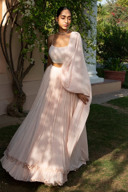 Parshya_Beige Chinon Chiffon, Flat Silk, Lehenga Set With Cutwork Jacket _Online_at_Aza_Fashions