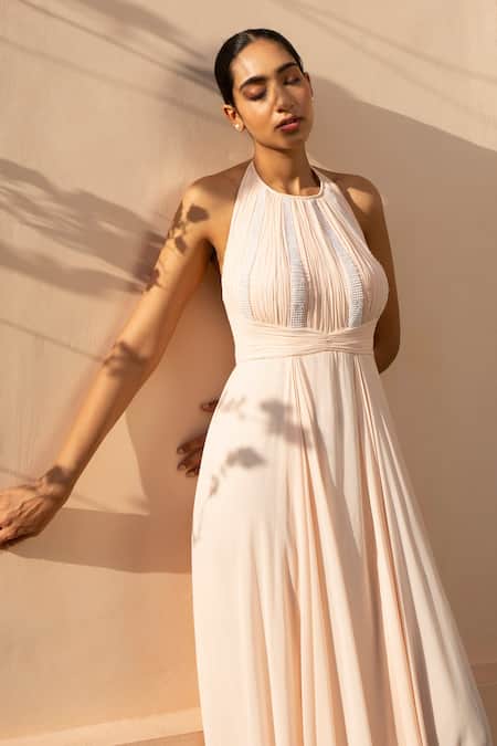 Parshya Beige Viscose Georgette Lining Shantoon Pearls Halter Neck Draped Gown Online at Aza Fashions Parshya_Beige Viscose Georgette Lining Shantoon Pearls Halter Neck Draped Gown _Online_at_Aza_Fashions