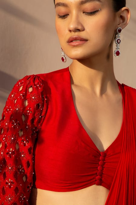 Buy Parshya Red V Neck Pre-draped Skirt Saree With Blouse Online at Aza Fashions Buy_Parshya_Red V Neck Pre-draped Skirt Saree With Blouse _Online_at_Aza_Fashions