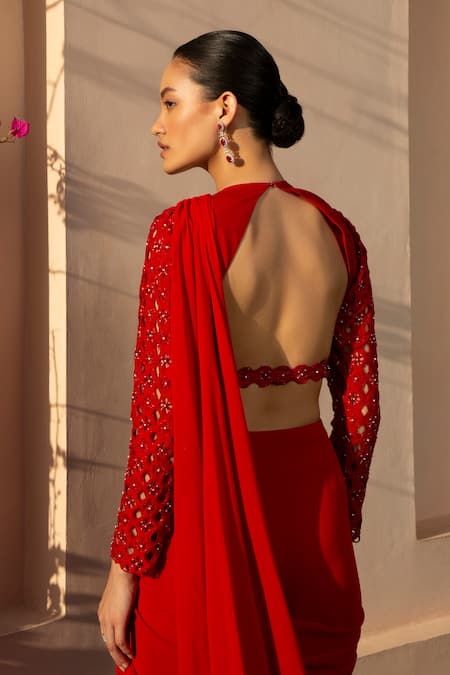 Shop Parshya Red V Neck Pre-draped Skirt Saree With Blouse at Aza Fashions Shop_Parshya_Red V Neck Pre-draped Skirt Saree With Blouse _at_Aza_Fashions